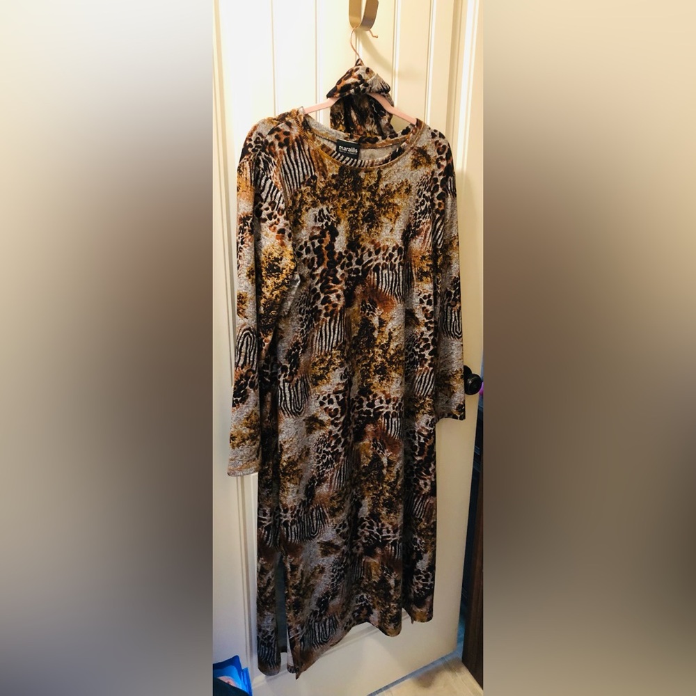Animal Print Long-Sleeve Dress in Brown Multi with